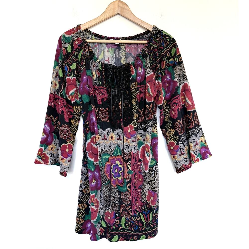 ALBERTO MAKALI floral leopard print black lace bell sleeve silk minidress